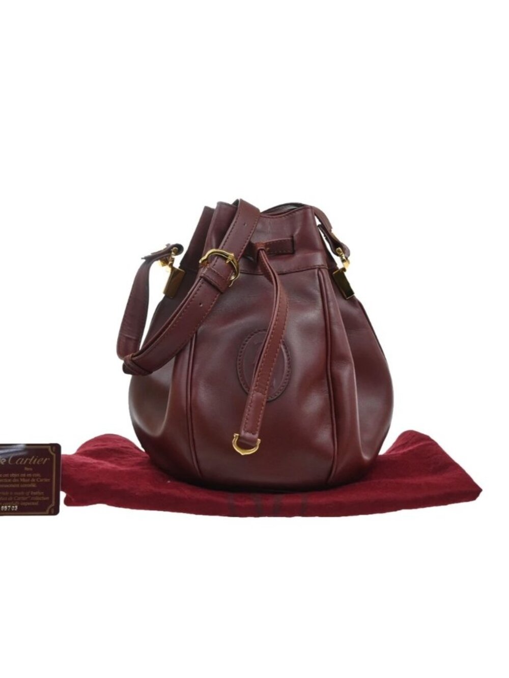 CARTIER Logo Must Line Drawstring Shoulder Bag Leather Red GHW Spain 34MA663